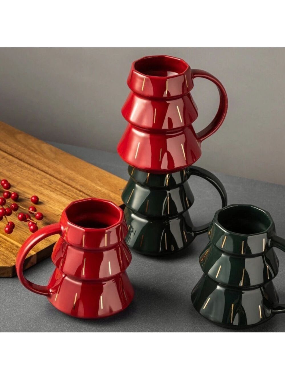 Thyme & Table 15 fl oz 4-Pack of Tree Shape Ceramic Mugs - Red and Green